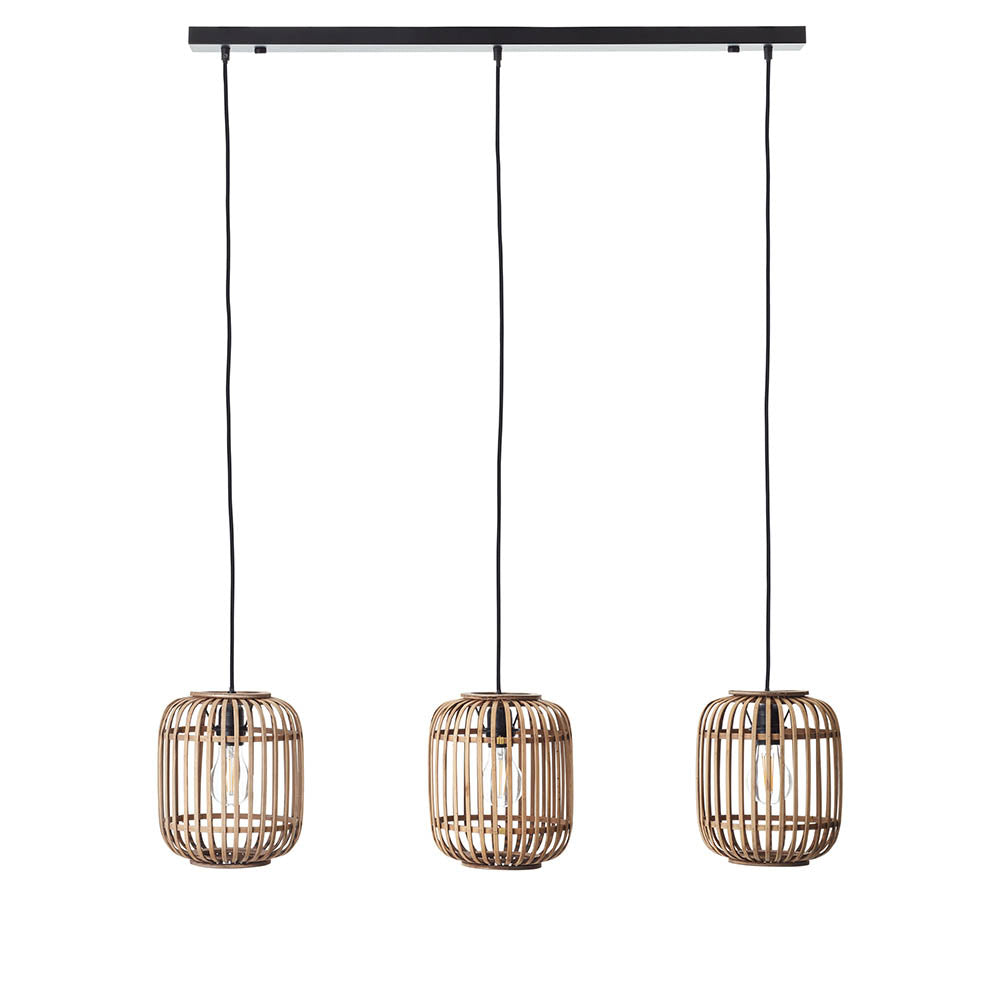 Endon Bracken 3 light linear pendant with three natural bamboo cage shades and matt black bar and flex, shown on a plain white background.