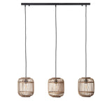 Endon Bracken 3 light linear pendant with three natural bamboo cage shades and matt black bar and flex, shown on a plain white background.