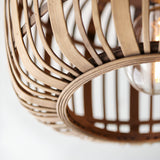 Close-up of Endon Bracken flush ceiling light showing woven natural bamboo shade slats and E27 lamp glowing softly within.