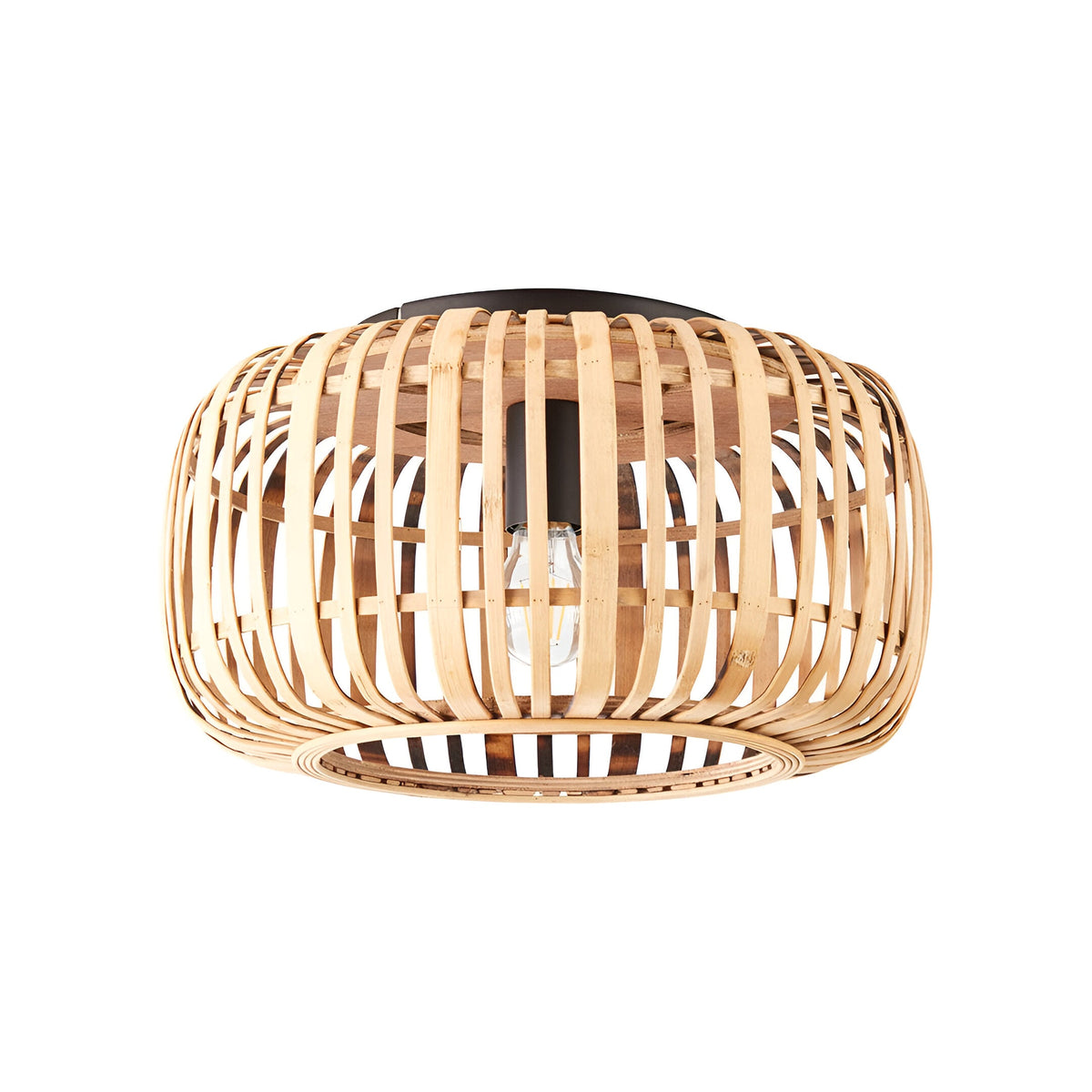 Endon Bracken flush ceiling light with a rounded woven natural bamboo shade and single E27 lamp on a black fitting, shown on a white background.