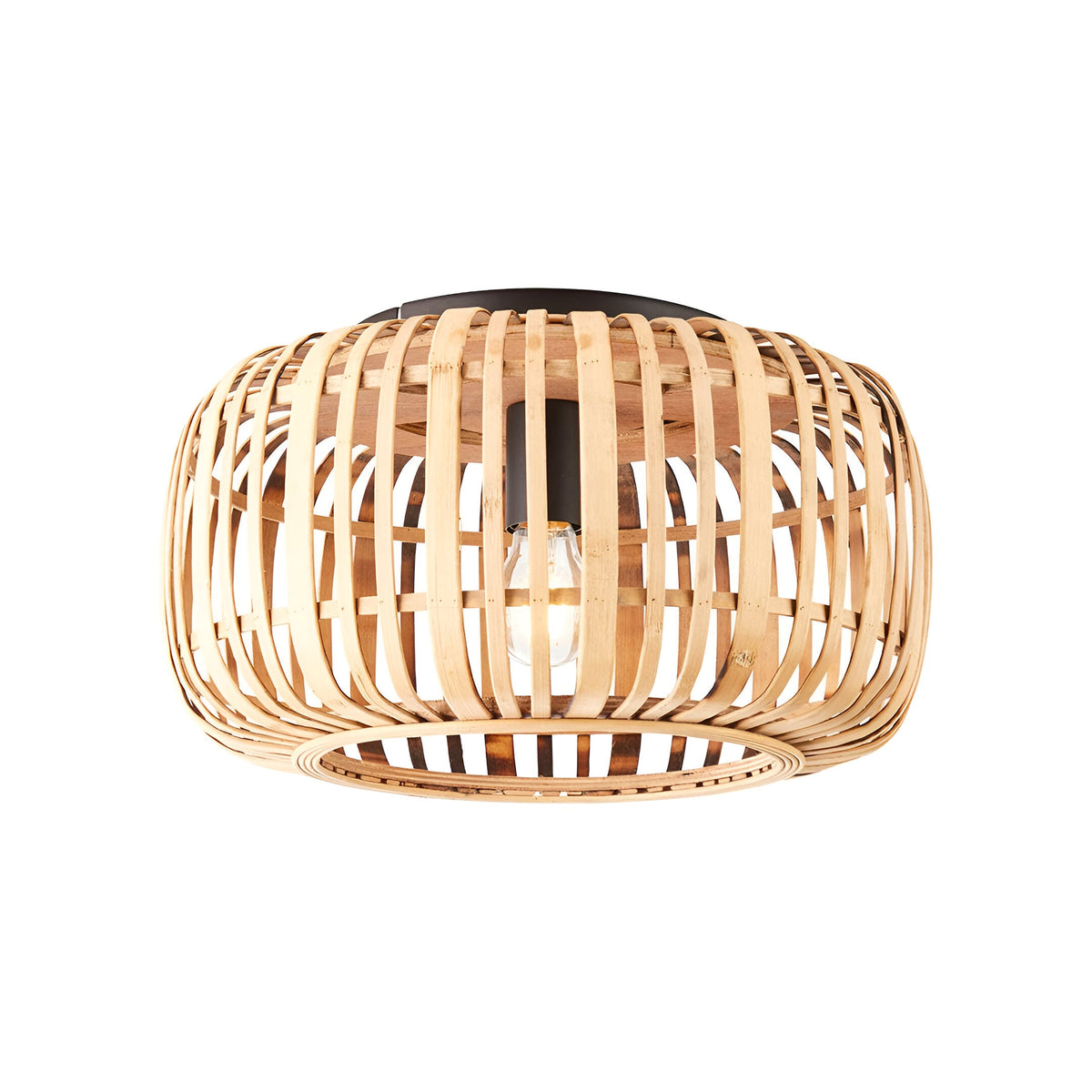 Endon Bracken flush ceiling light with a rounded woven natural bamboo shade and single E27 lamp on a black fitting, shown on a white background.