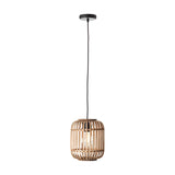 Endon Bracken pendant light with a natural bamboo slatted cage shade, E27 filament bulb and matt black ceiling rose on adjustable black flex.