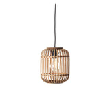 Endon Bracken pendant light with a natural bamboo slatted cage shade, matt black fitting and flex, and a single E27 filament bulb, on a white background.
