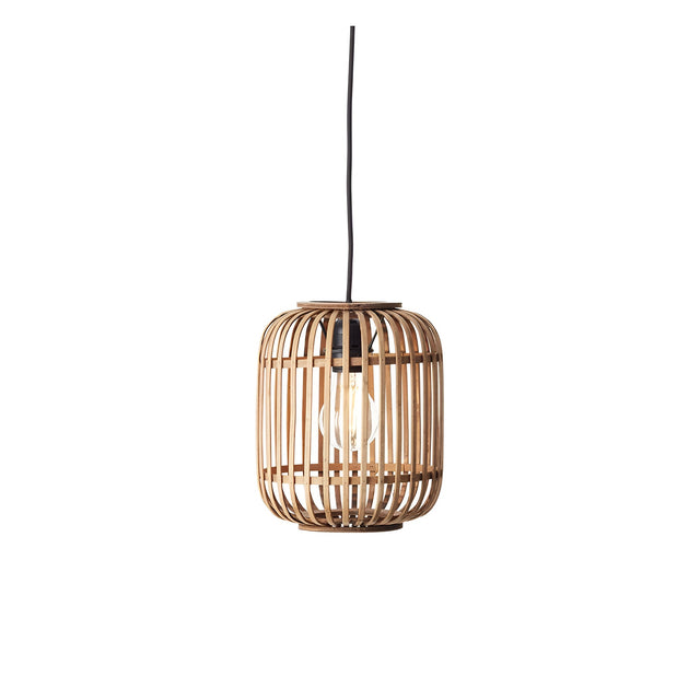 Endon Bracken pendant light with a natural bamboo slatted cage shade, matt black fitting and flex, and a single E27 filament bulb, on a white background.
