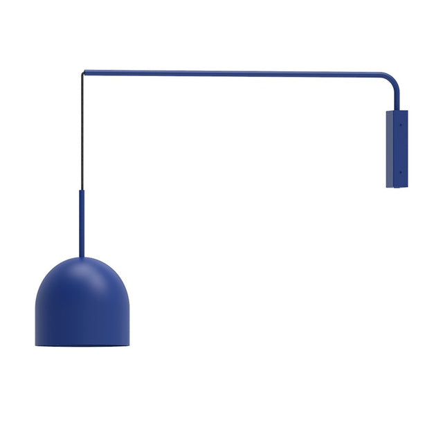Rio Single Arm Dome Wall Light in blue, with a long straight arm from a rectangular backplate and a textile cable suspending a rounded dome shade, shown on a plain white background.