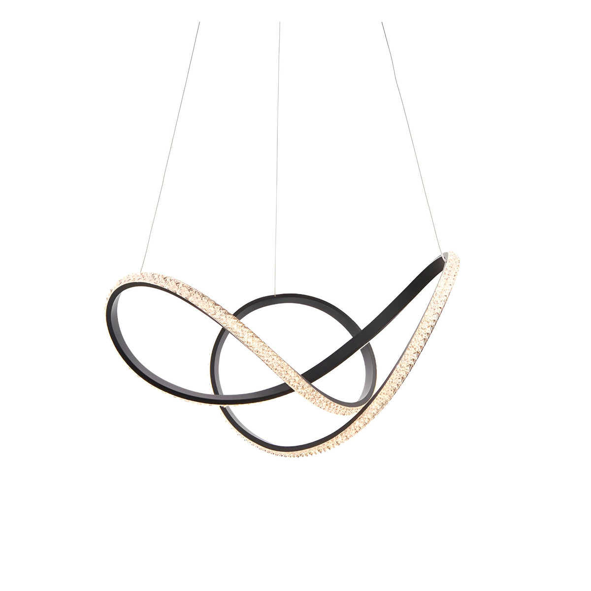 Bramcombe Pendant in matt black with intertwined loop design and clear faceted acrylic detail, suspended on thin cables against a white background.