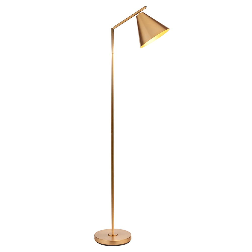 Endon Ashworth floor lamp in brass with a slim adjustable arm, angled conical shade and round base, shown on a plain white background.