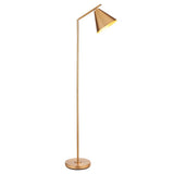 Endon Ashworth floor lamp in brass with a slim adjustable arm, angled conical shade and round base, shown on a plain white background.