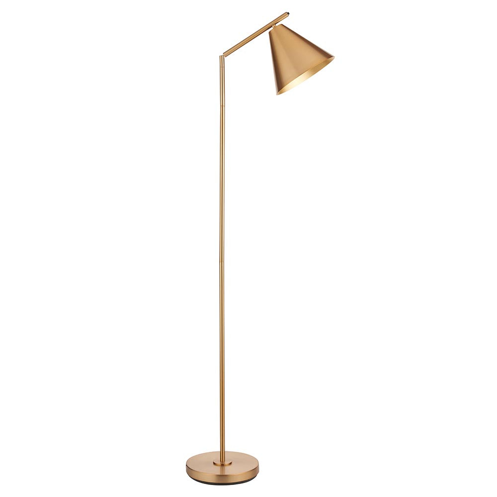 Endon Ashworth floor lamp in brass with an adjustable arm, conical shade and round weighted base, shown against a plain white background.