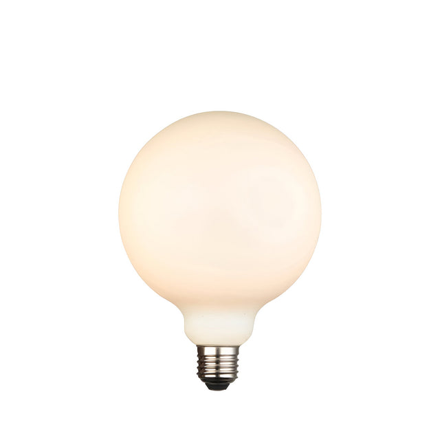 Endon 12W E27 LED filament globe bulb with 125mm opal glass in warm white, shown on a plain white background.