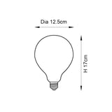 Dimensioned line drawing of the Endon 12W E27 LED filament globe bulb showing 12.5cm diameter and 17cm height on a white background.