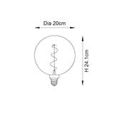 Dimension diagram of the Endon 4W E27 LED filament spiral bulb showing 20cm diameter and 24.1cm height on a plain white background.