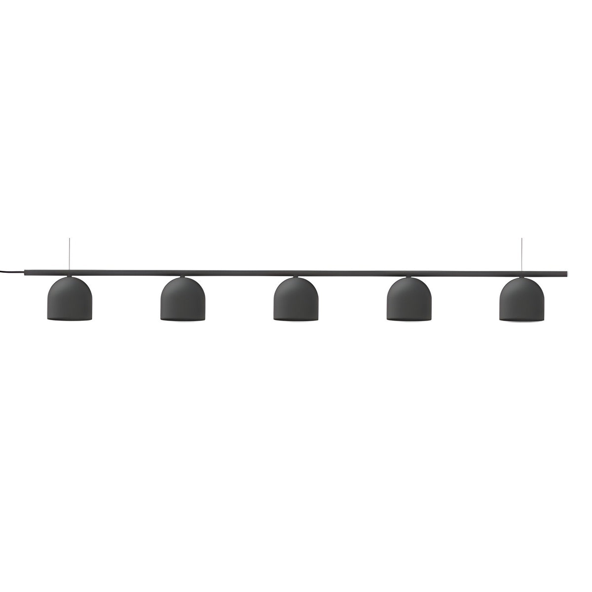 Rio 9 Linear 5 Light Dome Chandelier in matt black iron, featuring a slim horizontal rail with five small dome shades suspended in a row, shown on a plain white background.