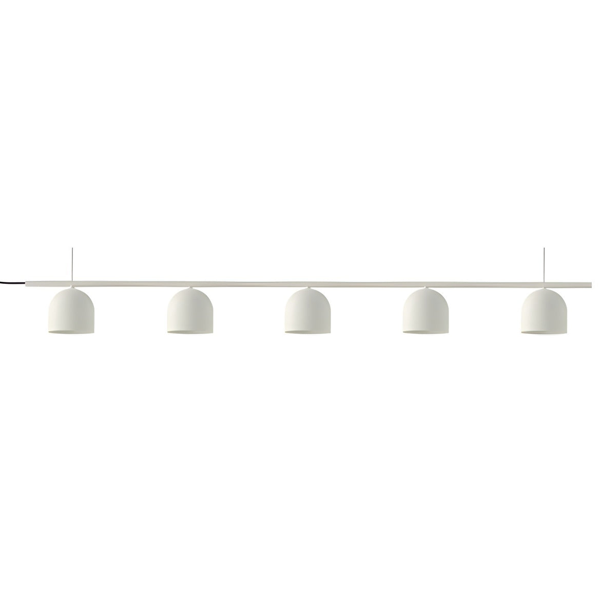 Rio 9 Linear 5 Light Dome Chandelier in matt white, five small dome shades suspended from a slim straight bar, shown on a plain white background.