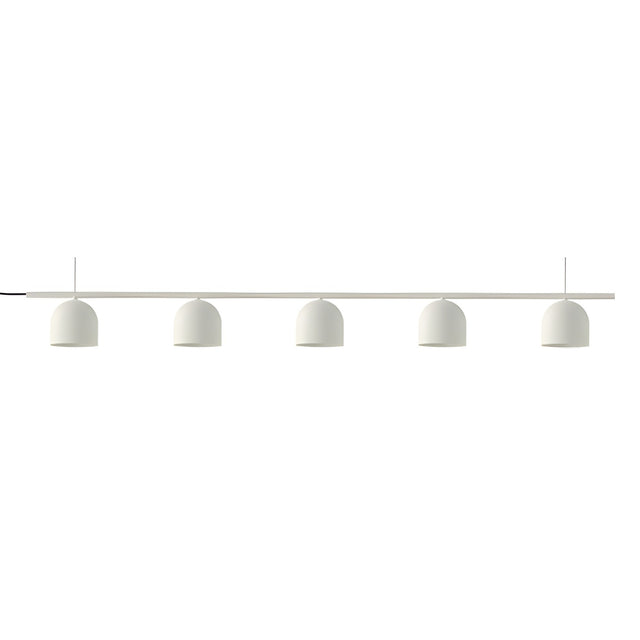 Rio 9 Linear 5 Light Dome Chandelier in matt white, five small dome shades suspended from a slim straight bar, shown on a plain white background.