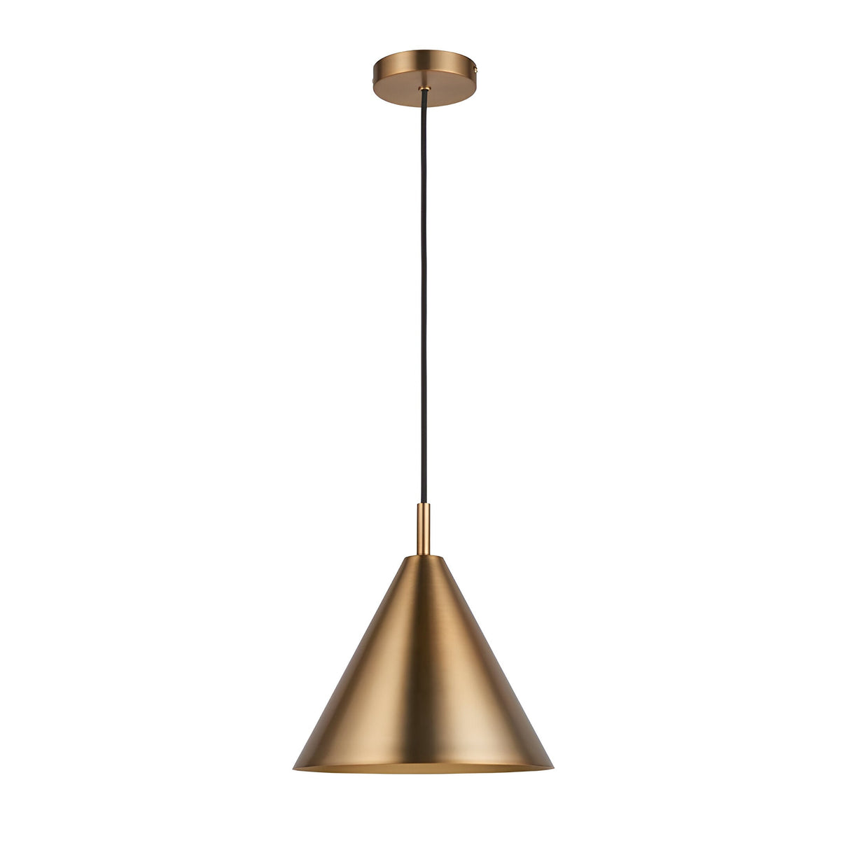 Ashworth Pendant in brass with a cone-shaped metal shade, black cord, and round ceiling rose, shown on a plain white background.