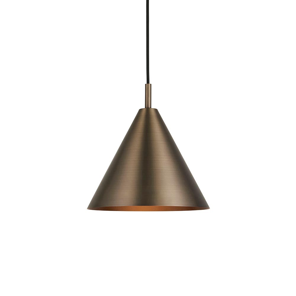 Endon Ashworth cone-shaped pendant light in brushed antique bronze with matching painted inner shade and black fabric cable, shown on a white background.