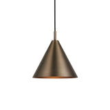 Endon Ashworth cone-shaped pendant light in brushed antique bronze with matching painted inner shade and black fabric cable, shown on a white background.