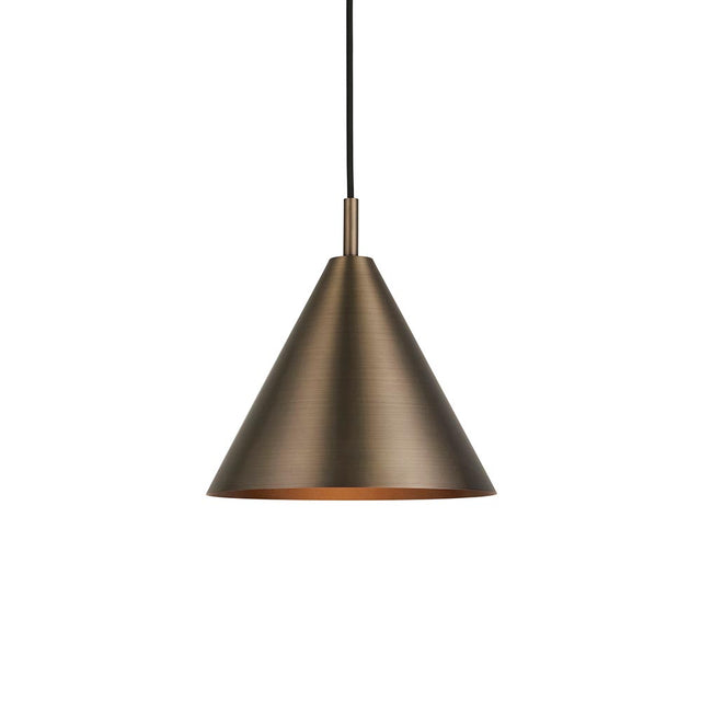 Endon Ashworth cone-shaped pendant light in brushed antique bronze with matching painted inner shade and black fabric cable, shown on a white background.