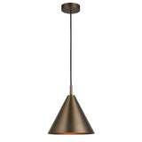 Endon Ashworth single pendant light with a brushed bronze cone shade and black fabric cable suspended from a round ceiling rose, on a white background.
