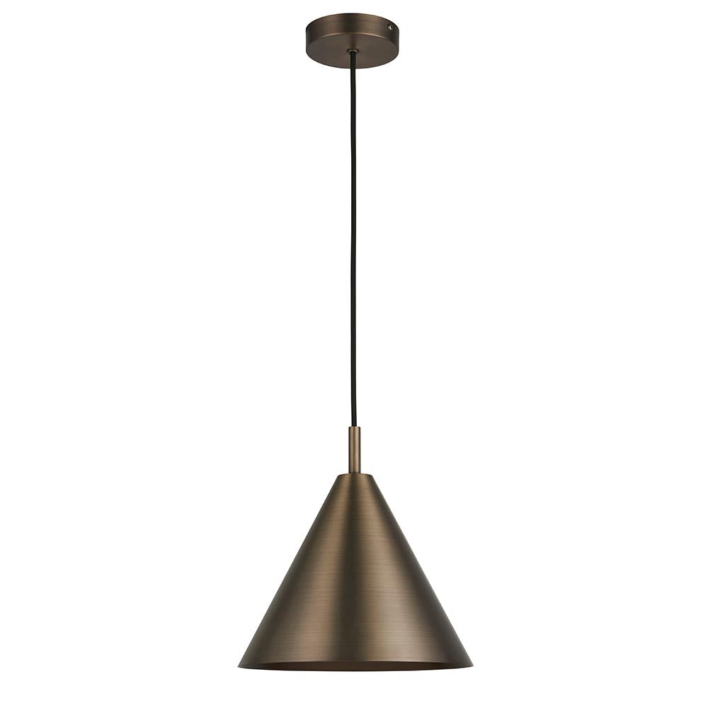 Endon Ashworth single pendant light with a conical brushed antique bronze metal shade and black fabric cable, shown on a plain white background.
