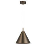Endon Ashworth single pendant light with a conical brushed antique bronze metal shade and black fabric cable, shown on a plain white background.