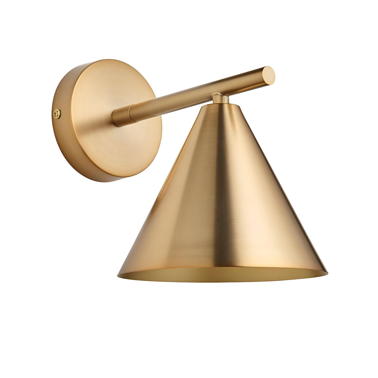 Endon Ashworth wall light in brass with a conical shade and adjustable arm on a round wall plate, shown against a plain white background.