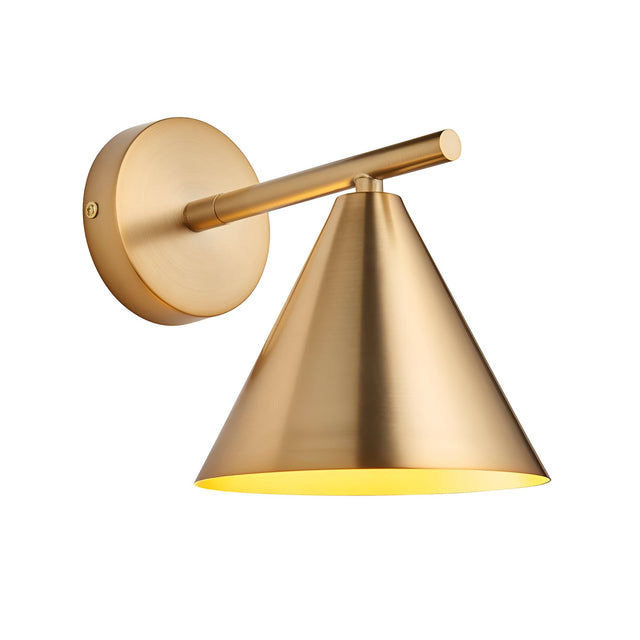 Endon Ashworth wall light in brass with an adjustable arm and cone-shaped shade with painted inner, shown on a plain white background.