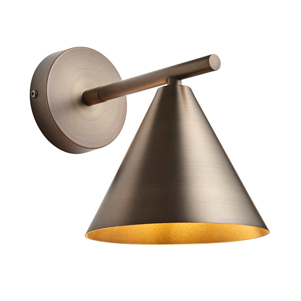 Endon Ashworth wall light with a bronze finish, featuring a conical shade, adjustable arm, and round wall plate on a white background.