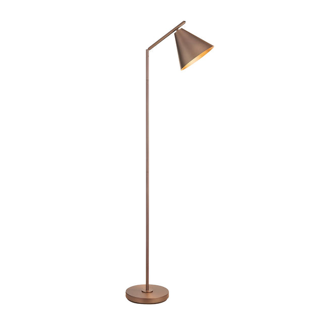 Ashworth Floor Lamp in bronze metal with an adjustable arm, cone-shaped shade and round base, on a plain white background.
