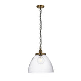 Wentworth Pendant in brass with a domed clear glass shade, exposed filament bulb, and adjustable chain suspension, shown on a plain white background.