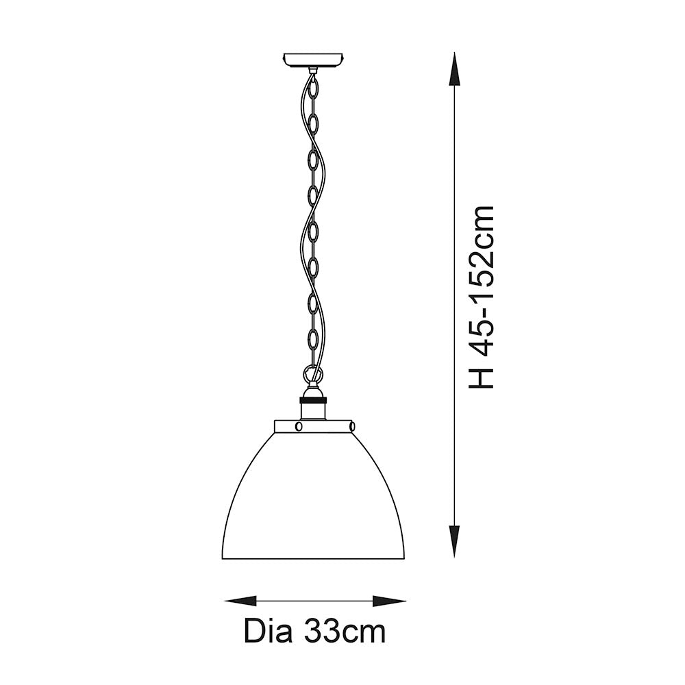 Line drawing of the Wentworth Pendant in brass, showing dome shade with chain suspension, height adjustable from 45–152cm, shade diameter 33cm.