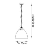 Line drawing of the Wentworth Pendant in brass, showing dome shade with chain suspension, height adjustable from 45–152cm, shade diameter 33cm.