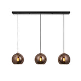 Endon Ashbourne 3 light linear pendant with copper mirrored glass globe shades on a matt black bar, shown against a plain white background.