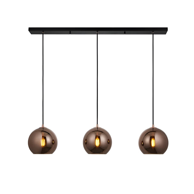 Endon Ashbourne 3 light linear pendant with copper mirrored glass globe shades on a matt black bar, shown against a plain white background.