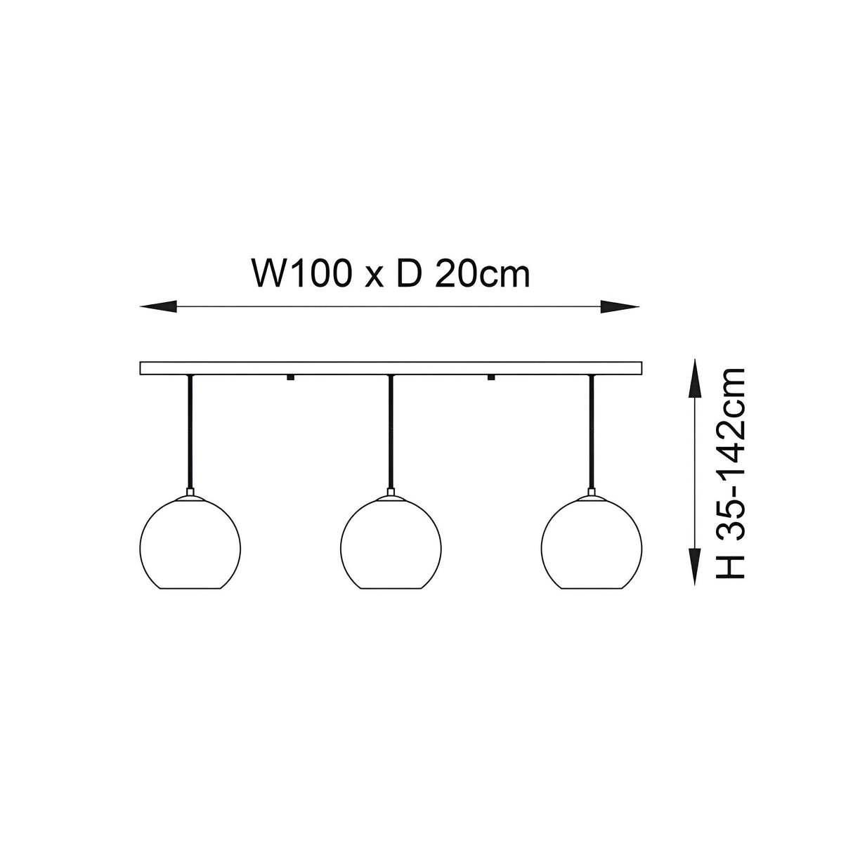 Dimension diagram for Endon Ashbourne 3 Light Linear Pendant showing 100cm width, 20cm depth, and adjustable 35-142cm height on a white background.