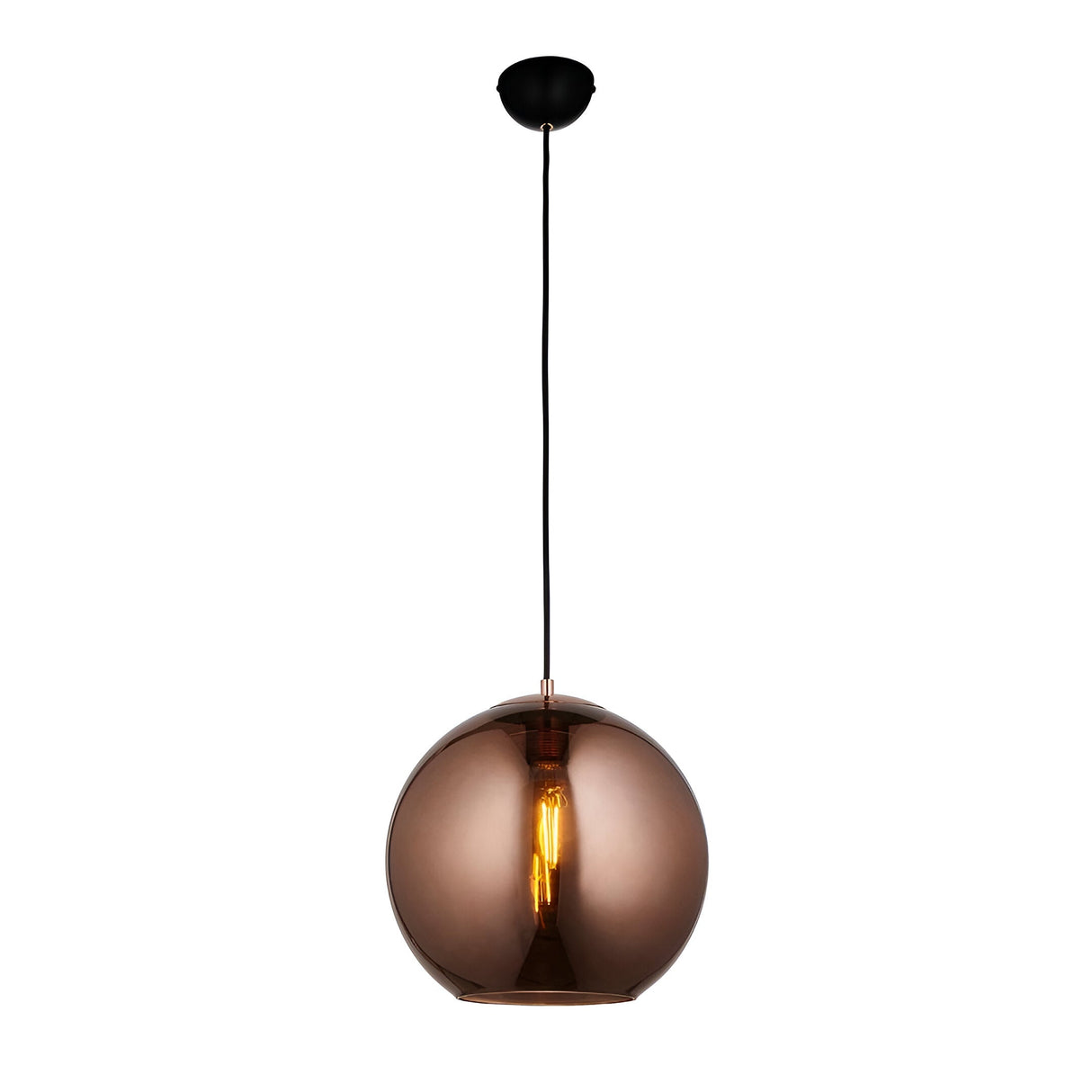 Endon Ashbourne pendant light with a single copper mirrored glass globe shade suspended from a black fabric cable and matt black ceiling cup.
