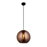 Endon Ashbourne pendant light with a single copper mirrored glass globe shade suspended from a black fabric cable and matt black ceiling cup.