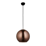 Endon Ashbourne pendant light with a single copper mirrored glass globe shade, matt black ceiling cup and fabric cable, shown on a white background.