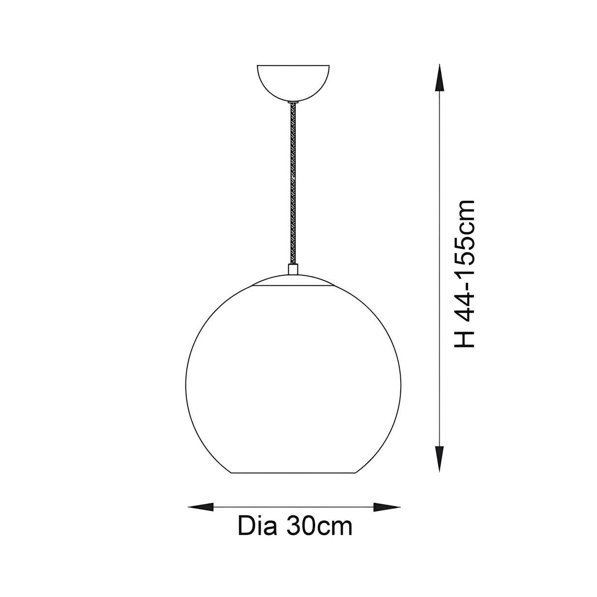 Dimension diagram of the Endon Ashbourne globe pendant light showing 30cm diameter shade and adjustable 44-155cm drop height.
