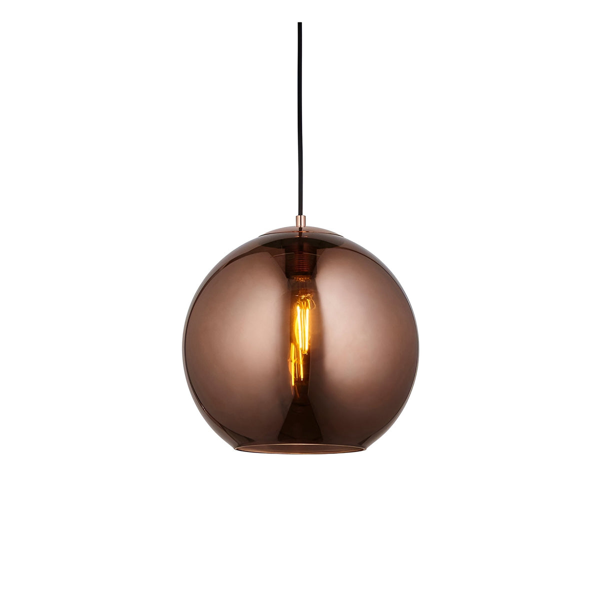 Endon Ashbourne pendant light with a single copper mirrored glass globe shade, black fabric cable and E27 filament bulb, on a plain white background.