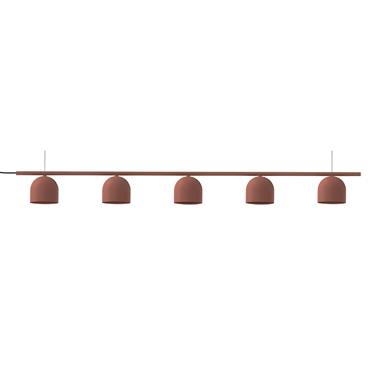 Rio 9 Linear 5 Light Dome Chandelier in red, featuring five small dome shades suspended from a slim iron rail, shown on a plain white background.
