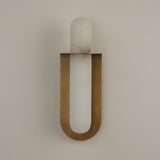 Luneth LED Large Alabaster Wall Light in brushed brass, with a vertical natural alabaster rod cradled in a U-shaped backplate, shown against a plain light grey background.