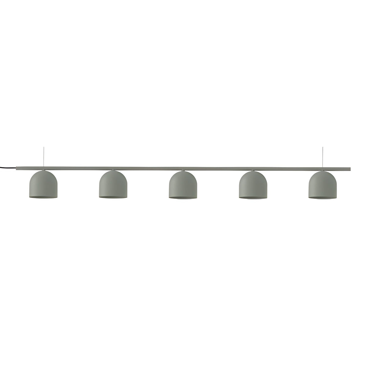 Rio 9 Linear 5 Light Dome Chandelier in green, five small dome shades on a slim iron rail suspended by two thin wires, shown on a plain white background.