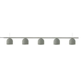 Rio 9 Linear 5 Light Dome Chandelier in green, five small dome shades on a slim iron rail suspended by two thin wires, shown on a plain white background.