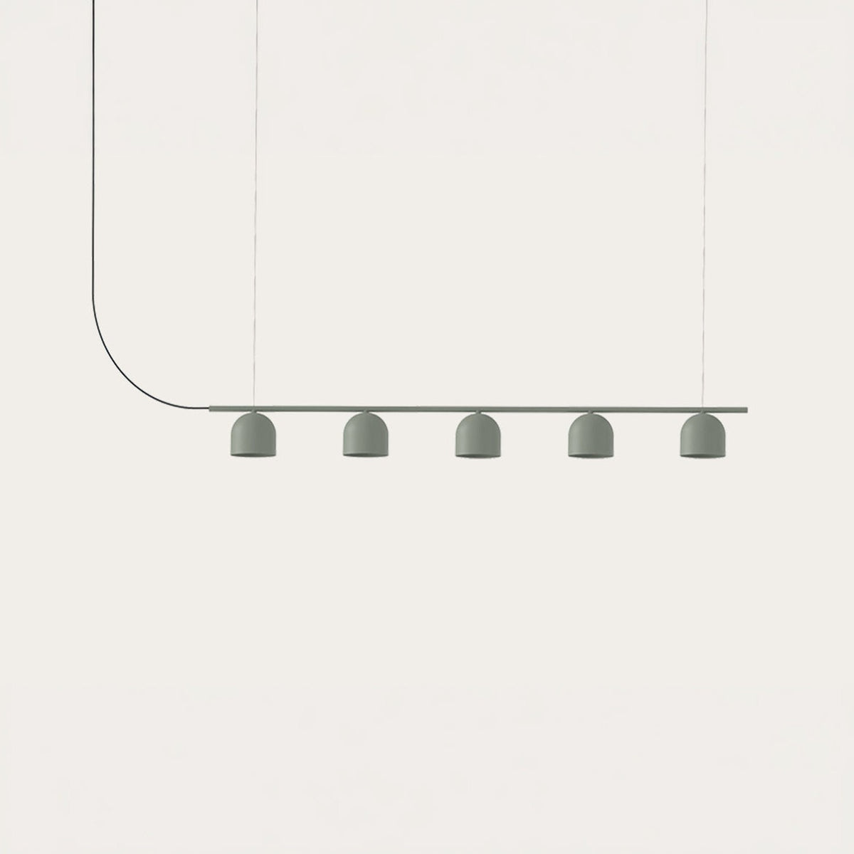 Rio 9 Linear 5 Light Dome Chandelier in green, five small dome shades on a slim iron rail suspended by fine wires, shown against a plain white background.