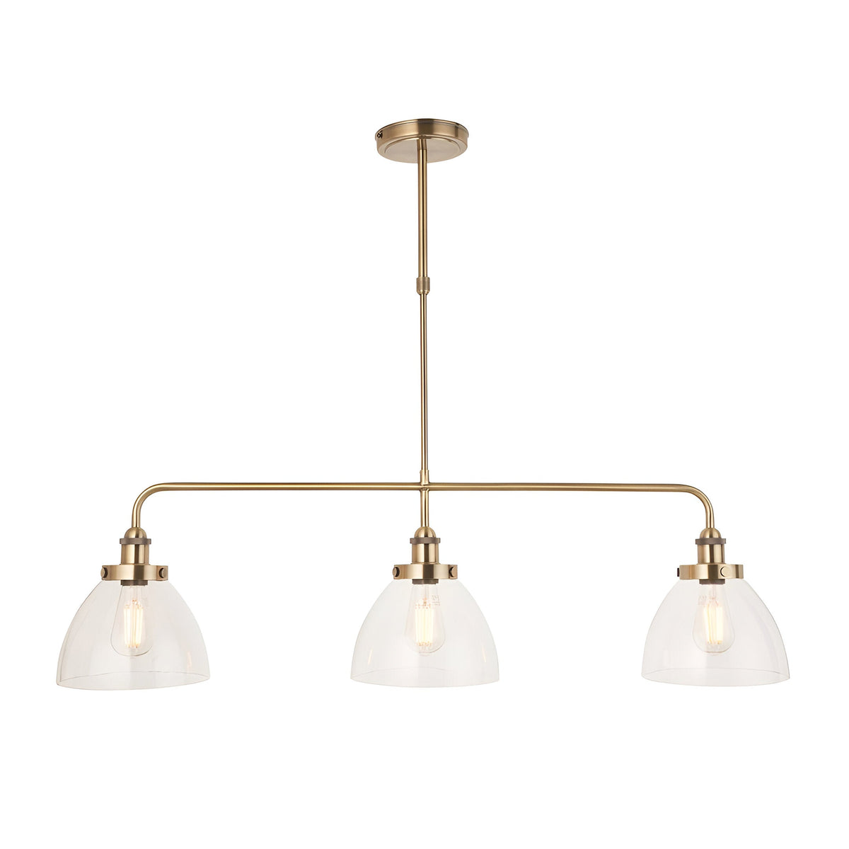 Endon Wentworth 3 light linear stem pendant in antique brass with three clear glass dome shades and exposed E27 filament lamps, on a white background.