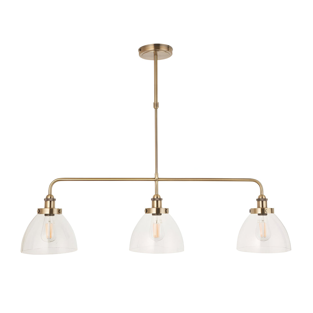 Endon Wentworth 3 light linear stem pendant in antique brass with three clear glass dome shades and exposed filament bulbs on a plain background.