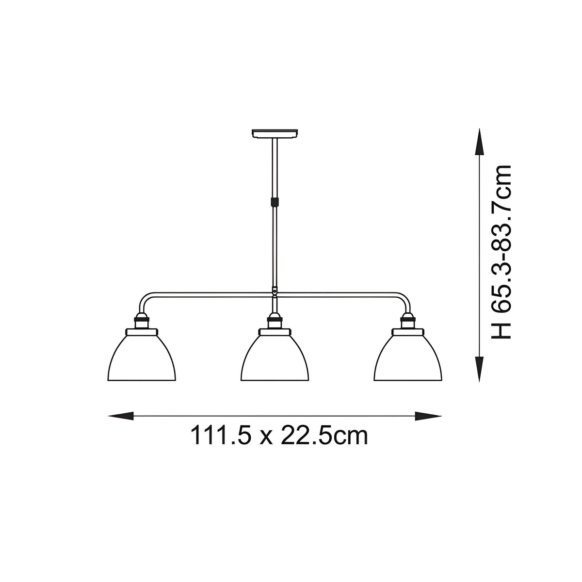 Dimensions diagram of the Endon Wentworth 3 Light Linear Stem Pendant showing 111.5 x 22.5 cm bar and adjustable 65.3–83.7 cm height.
