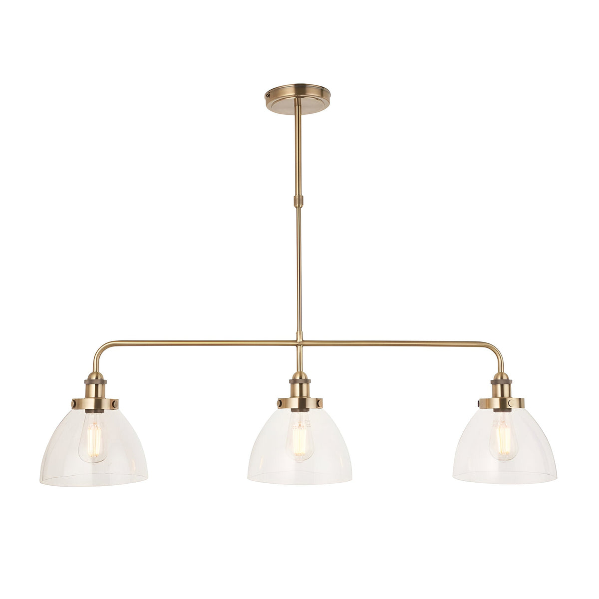 Endon Wentworth 3 light linear stem pendant in antique brass with three clear glass dome shades and exposed E27 filament bulbs on a plain background.